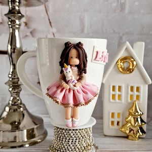 Charming Mug Decorated With Polymer Clay Figurine, Doll With Puffy Dress Design, Tea Cup For Daughter Gift, Cute Mug, Birthday Girl Gift