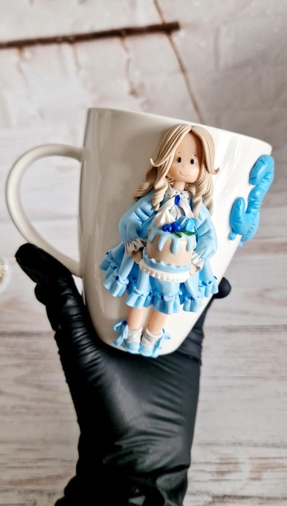 Polymer Clay Mug and Spoon Set, Custom Clay Figurine Mug, Tea Cup Set, Birthday Gift for Her, Christmas Gift, Kawaii Mug, Christmas dolls