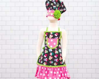 Girls Apron, Kids Apron, Childrens aprons, Girls Apron Set, Child's Apron, Cupcake Apron, Ruffle Apron, Chefs Set, Toddler Apron