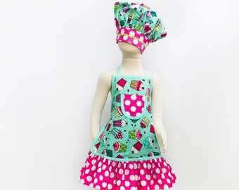 Kids Apron, Child's Apron Set, Children's Apron, Girls Apron, Aprons for Girls, Ruffle Apron, Cupcake Apron