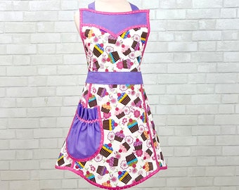 Cupcake Apron: Retro Sweetheart Neckline, Purple Polka Dot Accents