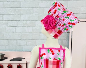 Girls Apron, Cherry Apron for Girls, Apron with ruffles, Apron and Chefs Hat, Pink Cherry Apron