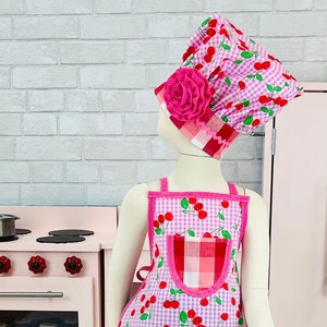 Girls Apron, Cherry Apron for Girls, Apron with ruffles, Apron and Chefs Hat, Pink Cherry Apron