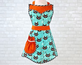 Halloween apron for women, Black Cat vintage retro costume apron