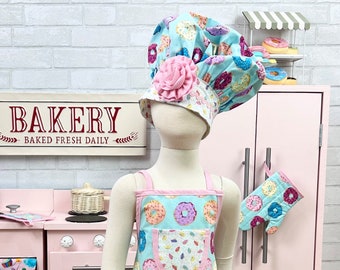Girl's Donut Apron, Kids Ruffled Apron, Child Apron and Chefs Hat, Children's Aprons, Apron for Toddlers