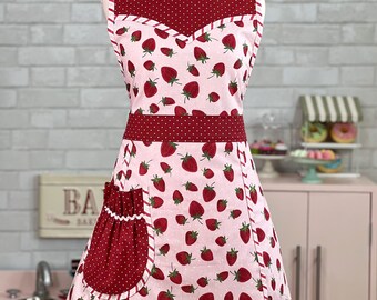 Women's Valentine's Apron, Mom Valentine Gift, Cute Retro Apron for Women, Gift for wife, V-day present, Anniversay, Strawberry Apron