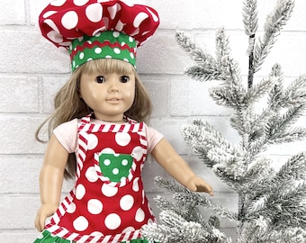 Christmas Doll Apron and Chef's Hat, Cute Doll Clothing for 18" Doll, Baking Party Favor, Doll Aprons, Kids baking party