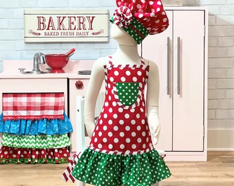Girls Christmas Apron: Ruffled Holiday Polka Dot Apron