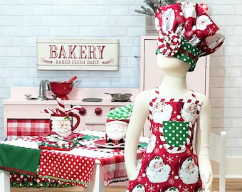 Girls Christmas Apron with Ruffle, Santa Print, Holiday Baking