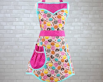 Retro Women's Apron, Donut Apron for Women, Cute Retro Apron for Moms, Mothers Day Gift for Mommy, Birthday Hostess Apron