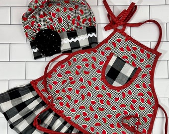 Clearanced Kids Watermelon Apron including Chef's Hat, Ruffled Girls Apron set, Red and Black Apron on sale for Children, Size 4-6
