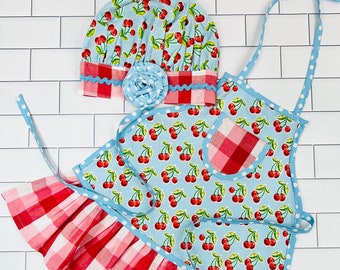 Girls Cherry Apron with Ruffles and Chef Hat
