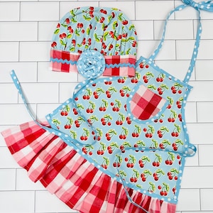 Girls Apron, Cherry Apron for Girls, Apron with ruffles, Apron and Chefs Hat, Blue Cherry Apron image 1