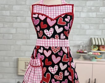 Women's Valentine's Apron, Mom Valentine Gift, Cute Retro Apron for Women, Gift for wife, V-day present, Anniversay, Red Hearts