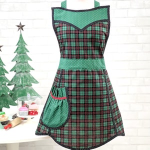 Women's Christmas Apron, Women's Holiday Apron, Cute Retro Apron for Women, Christmas Plaid apron for women, Green Plaid image 2