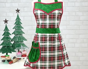 Retro Christmas Apron, Plaid Holiday Apron, Sweetheart Neckline