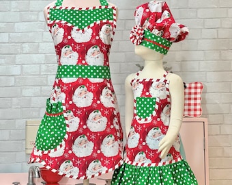 Mother Daughter Christmas Aprons, Matching Holiday Apron Sets, Mommy and Me Matching Christmas Aprons, Vintage Santa