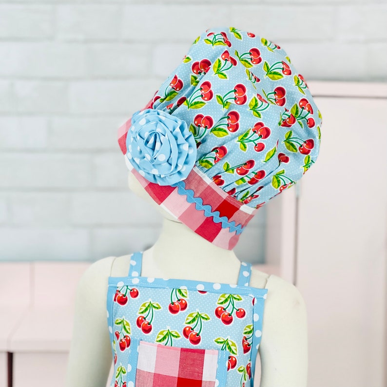 Girls Apron, Cherry Apron for Girls, Apron with ruffles, Apron and Chefs Hat, Blue Cherry Apron image 3