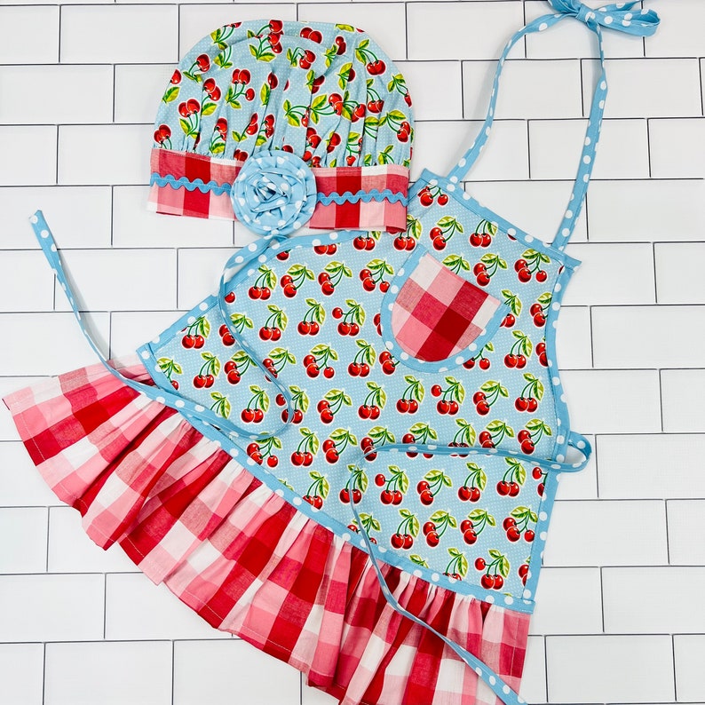 Girls Apron, Cherry Apron for Girls, Apron with ruffles, Apron and Chefs Hat, Blue Cherry Apron image 1