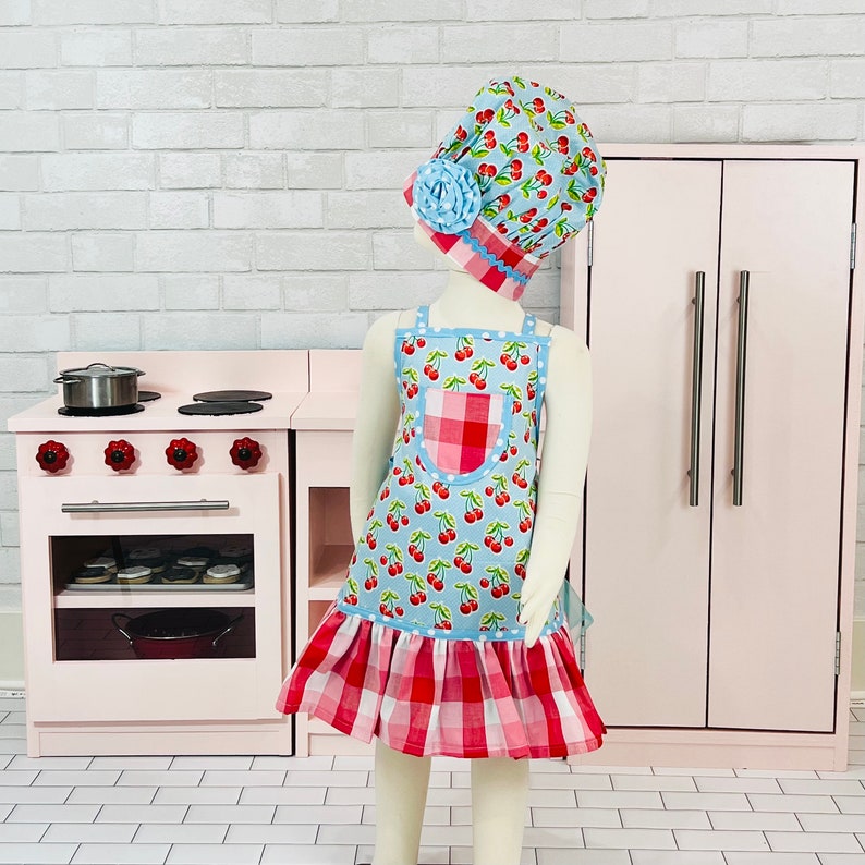 Girls Apron, Cherry Apron for Girls, Apron with ruffles, Apron and Chefs Hat, Blue Cherry Apron image 2
