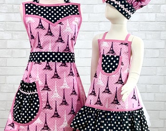 Mother Daughter Baking Aprons, Matching Mommy and Me Apron Set,  Paris Themed Aprons for Birthdfay Party, Gift for Mom