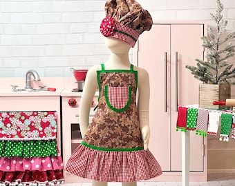 Gingerbread Girl's Christmas Apron, Ruffle Skirt, Chef Hat Option