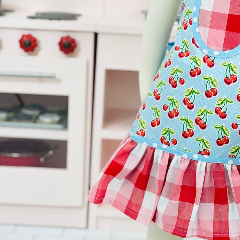 Girls Apron, Cherry Apron for Girls, Apron with ruffles, Apron and Chefs Hat, Blue Cherry Apron image 4