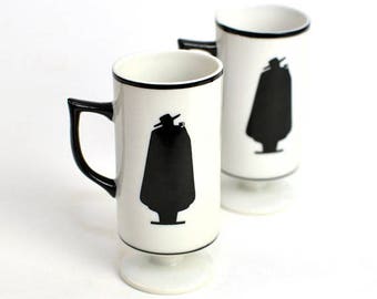 Capa Negra Coffee or Espresso Mugs by Sandeman Imperial Spanish Brandy - Black & White Porcelain, Pedestal Base - Vintage