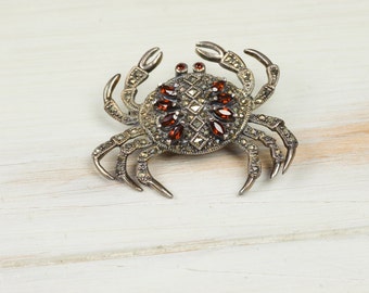 1950s Vintage Marcasite and GARNET CRAB  Brooch, Pin, Collectible