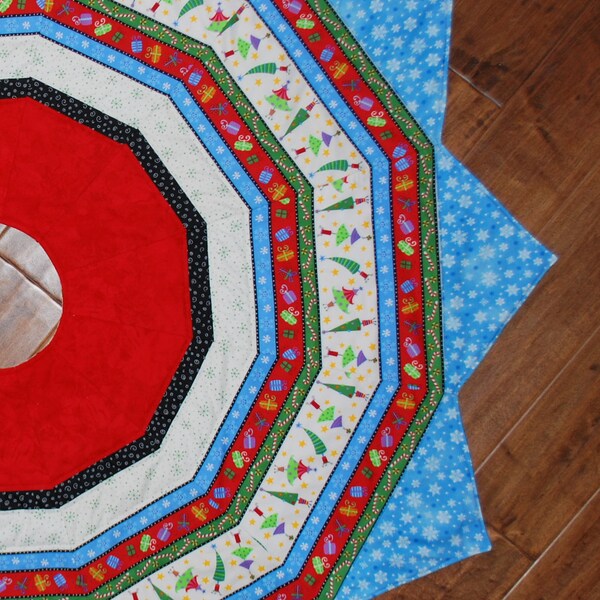 Large Quilted Christmas Tree Skirt 12 pointed star  55" diameter red blue holiday decor Quiltsy Handmade