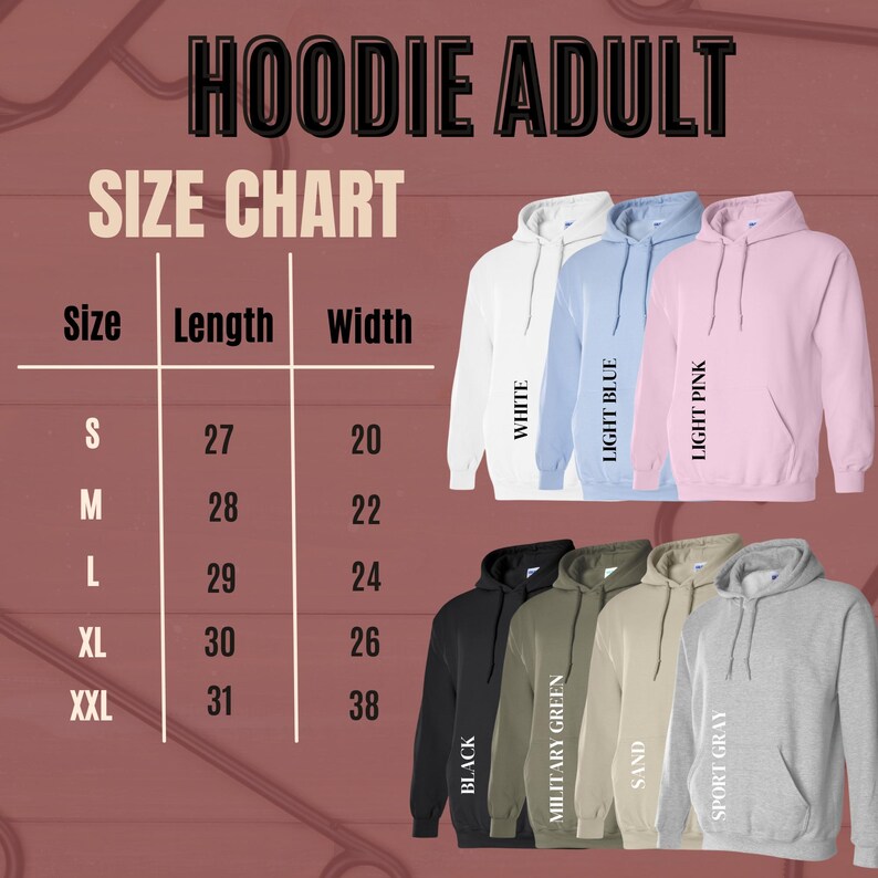 The image is a size chart for adult hoodies, displaying the sizes and corresponding colors for different length options.