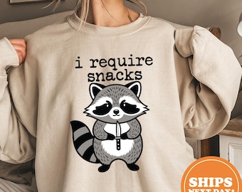 I Require Snacks Raccoon Hoodie, Funny Goblincore Sweatshirt, Animal Lover Pullover