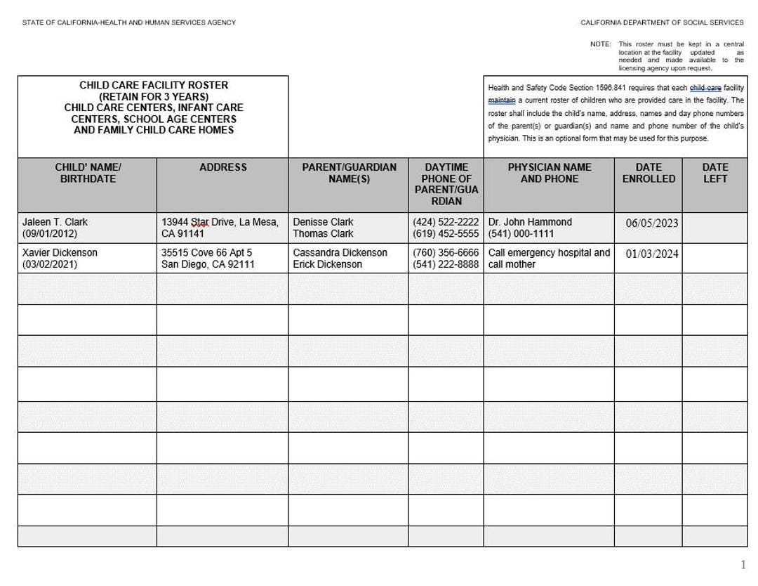 FCC Roster for Daycare Providers – California Licensing Form | Digital ...