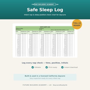 Op de afbeelding: Een groen en wit afdrukbaar Safe Sleep Log-schema voor kinderdagverblijven. Het document bevat velden voor de naam van het kind, geboortedatum en een tabel om dutjestijden en slaapposities zoals rug, zij of buik bij te houden. Bevat Title 22 READY.