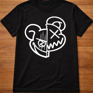 Split Face Bear Graphic Tee - Chalk White Print, Streetwear T-Shirt
