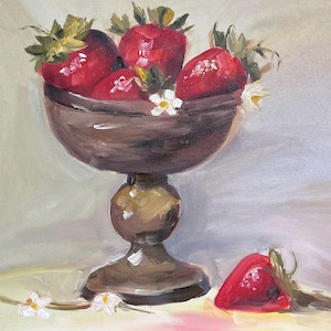 Peinture à l'huile nature morte fraise rouge | Oeuvre d'art en toile faite main 40 x 50 cm | Décoration murale de cuisine | Prêt à expédier | Unique en son genre | Cadeau pour elle