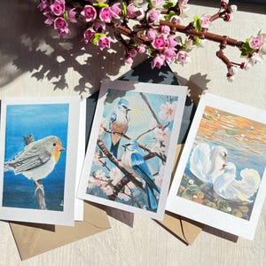 Jeu de 3 cartes d'art d'oiseaux | Cartes de voeux beaux-arts | Impression haute qualité de peintures à l'huile originales | Parfait pour toutes les occasions