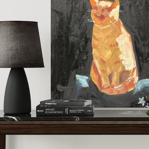 Petit chaton endormi, peinture à l'huile sur toile, décoration d'intérieur gaie, adorable chat roux sur fond noir, cadeau unique inspiré de la nature