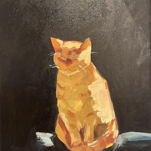 Petit chaton endormi, peinture à l'huile sur toile, décoration d'intérieur gaie, adorable chat roux sur fond noir, cadeau unique inspiré de la nature