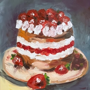 Strawberry Cake Oil Painting: Realistic Dessert Art on Canvas