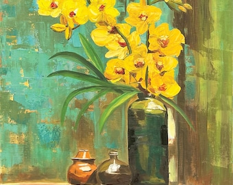 Yellow Orchids Original Oil Painting | Hand-Painted Botanical Wall Art (40x50cm)