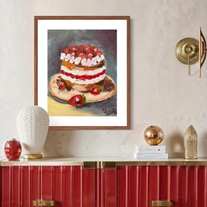 Erdbeer Kuchen Ölbild | Realistische Dessert Kunst auf Leinwand | Schlagsahne und frische Beeren | Bäckerei und Küche Wand Dekor Geschenk