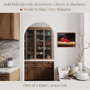 Bold Strawberry Cherry Blueberry Still Life | Original Oil Painting for Kitchen Decor – 40x50 cm Canvas | Free Shipping | No Frame