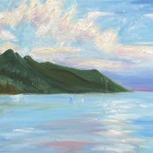 Seascape Oil Painting: Calm Sea, Distant Mountains, Coastal Art