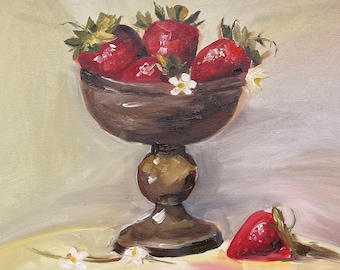 Strawberry Still Life Original Oil Painting | Hand-Painted by Teen Artist, Kitchen Wall Art (40x50cm)