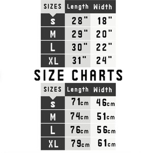 May include: Size chart for clothing with measurements in inches and centimeters. The chart shows sizes S, M, L, and XL with corresponding length and width measurements.