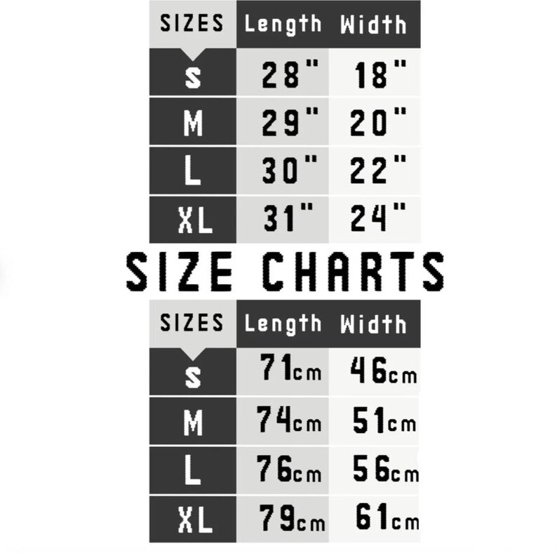 May include: Size chart for clothing with measurements in inches and centimeters. The chart shows sizes S, M, L, and XL with corresponding length and width measurements.