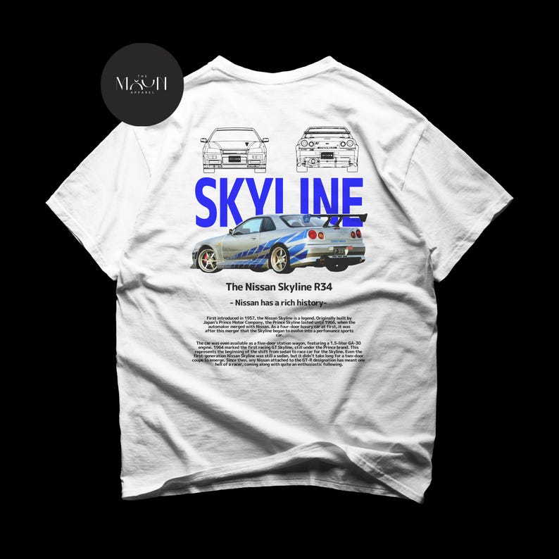 May include: White t-shirt with a blue and white graphic of a Nissan Skyline R34 car. The text "SKYLINE" is printed in blue above the car. The text "The Nissan Skyline R34 - Nissan has a rich history" is printed below the car.