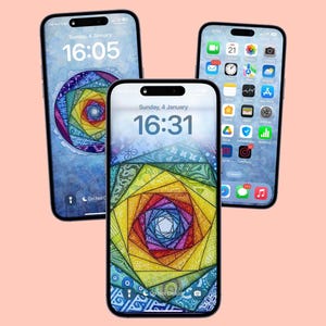 May include: Three smartphones with different screen displays. The screens show colorful geometric designs and app icons. The time and date are displayed on the screens. The background is a solid peach color.