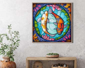 Pisces Zodiac Print, Koi Fish Wall Art, Pisces Birthday Gift, Digital Download